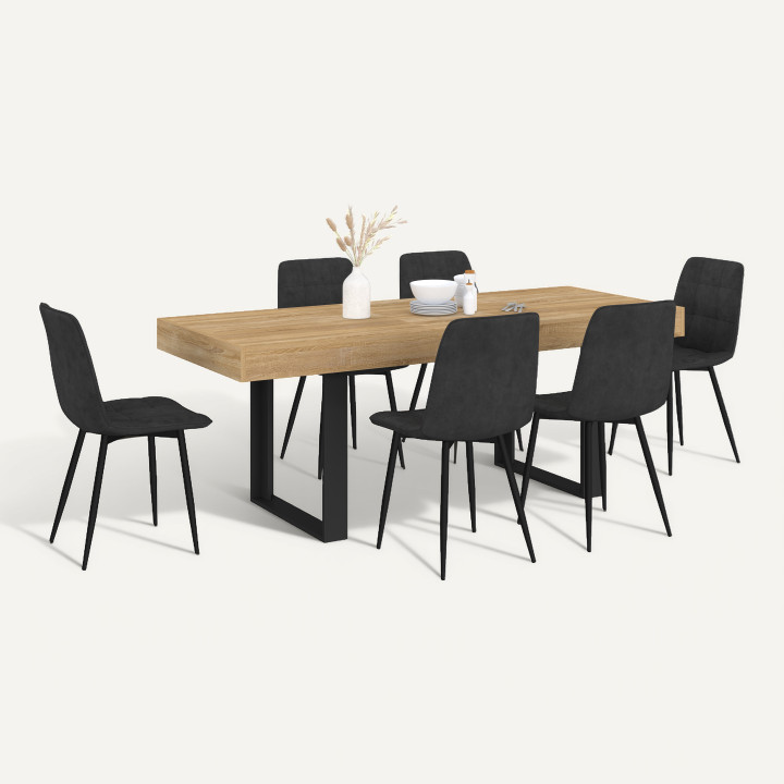 Ensemble table à manger extensible rectangle PHOENIX 4-8 personnes bois et noir 160 - 200 cm et 6 chaises MILA en velours noir