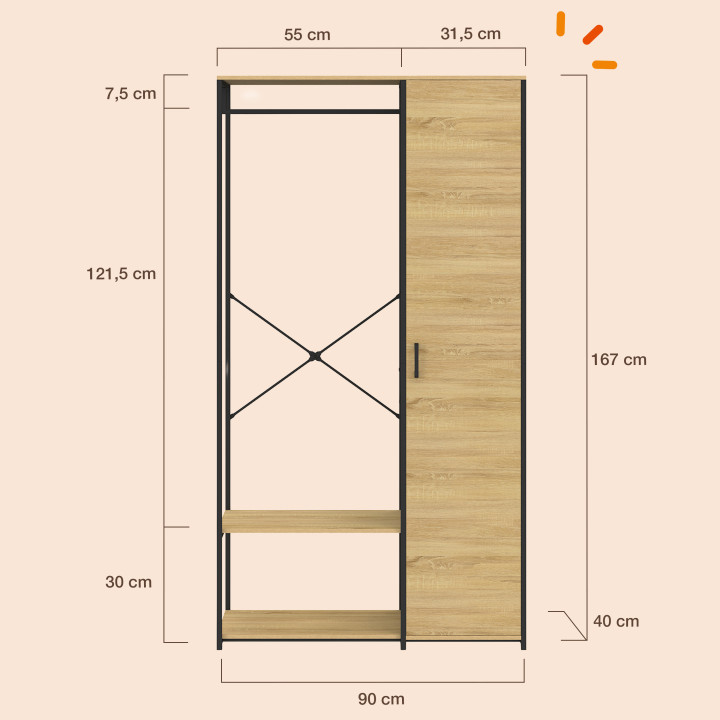 Armadio con ripiani e anta L. 90 cm design industriale - DETROIT