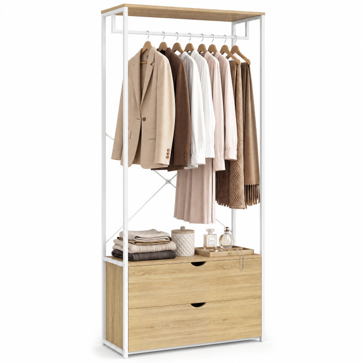 Dressing penderie 2 tiroirs L. 80 cm DETROIT design industriel bois et métal blanc