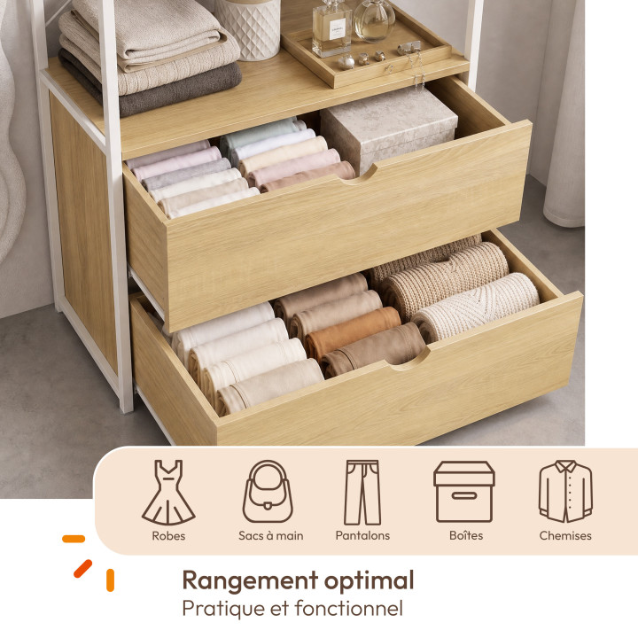 Dressing penderie 2 tiroirs L. 80 cm DETROIT design industriel bois et métal blanc