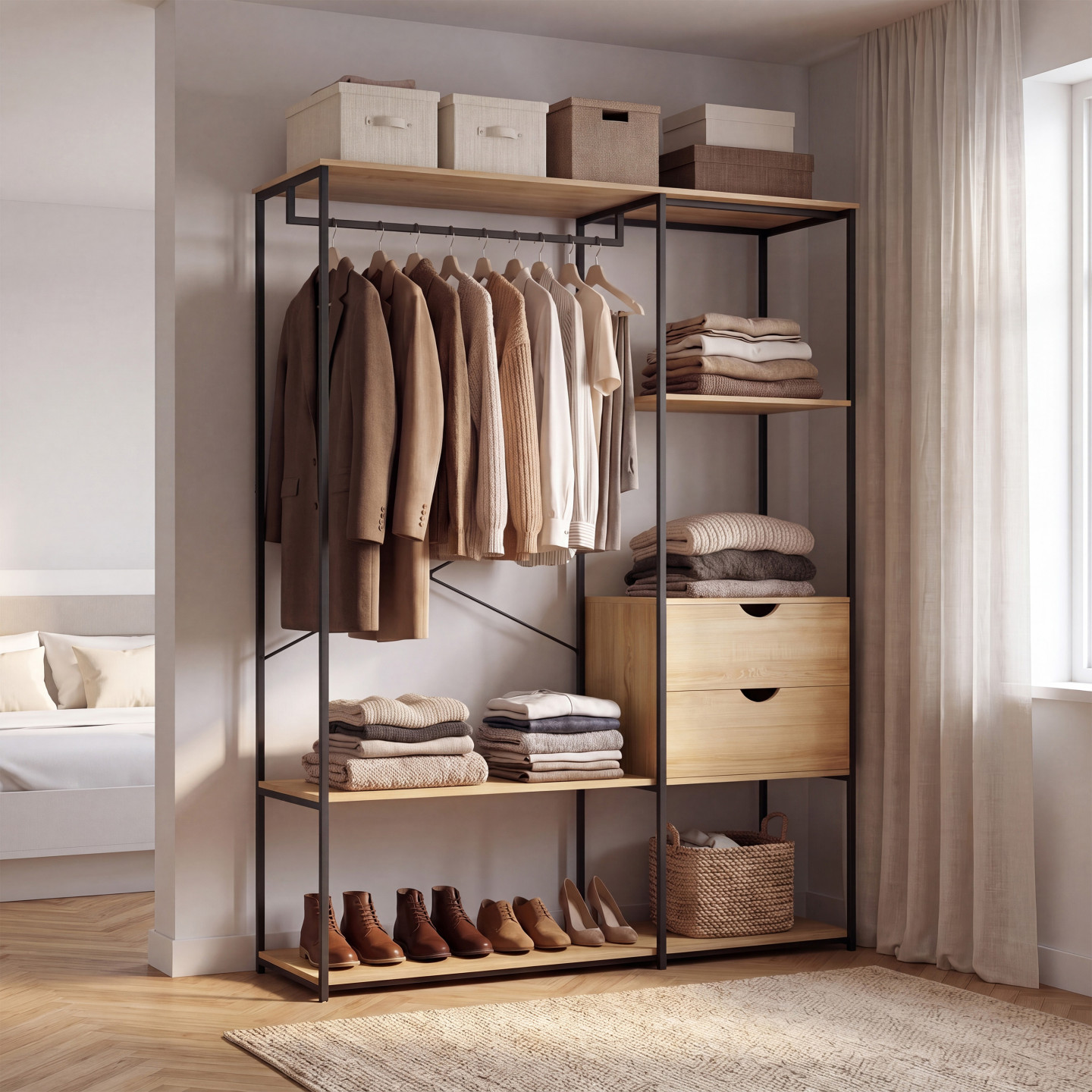 Garderobenschrank mit Regalen und 2 Schubladen B. 130 cm Industriedesign - DETROIT