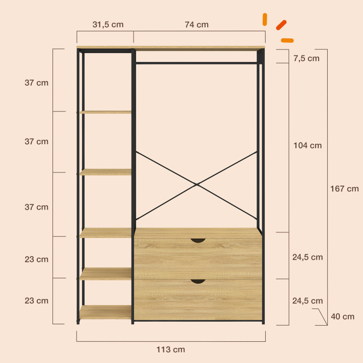Kledingkast met legplanken en 2 industriële design lades L. 113 cm - DETROIT