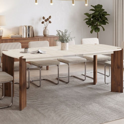 Tavolo da pranzo allungabile rettangolare con angoli arrotondati TESS, 6-10 persone, 4 gambe arrotondate in noce, piano in trave