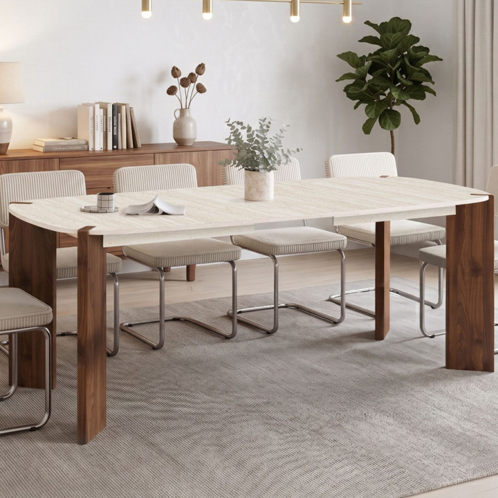 Table à manger extensible rectangulaire arrondie TESS 6-10 personnes 4 pieds arrondis noyer plateau travertin 160-200 cm