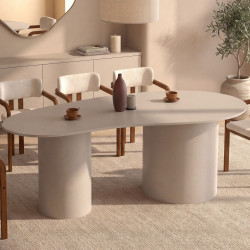 Mesa de comedor ovalada de líneas orgánicas ORPHEA para 8 personas, con 2 patas cilíndricas de color beige, 200 cm
