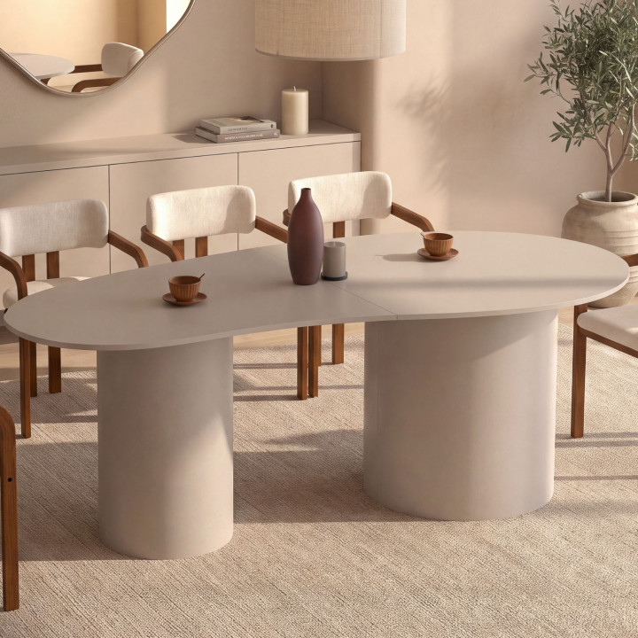 Mesa de comedor ovalada de líneas orgánicas ORPHEA para 8 personas, con 2 patas cilíndricas de color beige, 200 cm