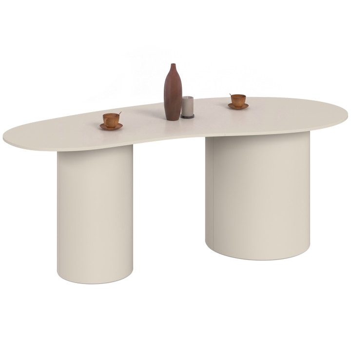 Mesa de comedor ovalada de líneas orgánicas ORPHEA para 8 personas, con 2 patas cilíndricas de color beige, 200 cm