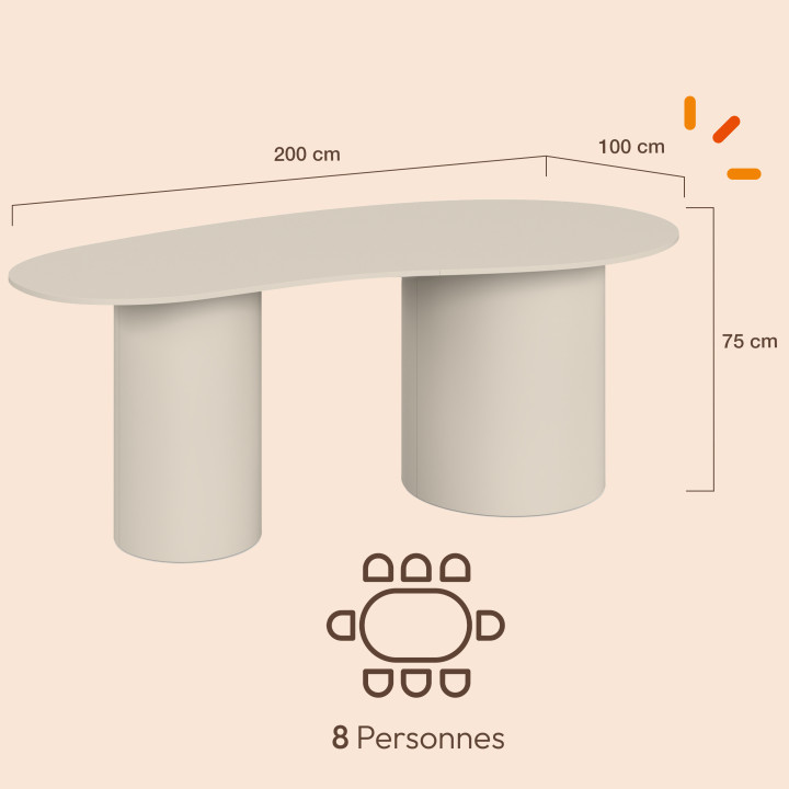 Table à manger ovale organique ORPHEA 8 personnes 2 pieds ronds beige 200 cm