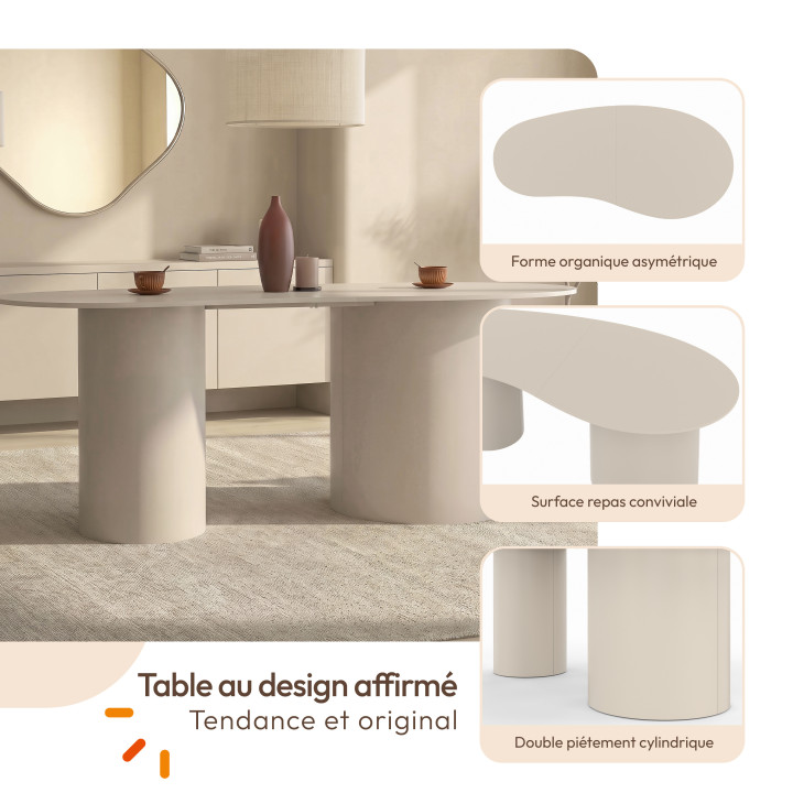 Mesa de comedor ovalada de líneas orgánicas ORPHEA para 8 personas, con 2 patas cilíndricas de color beige, 200 cm
