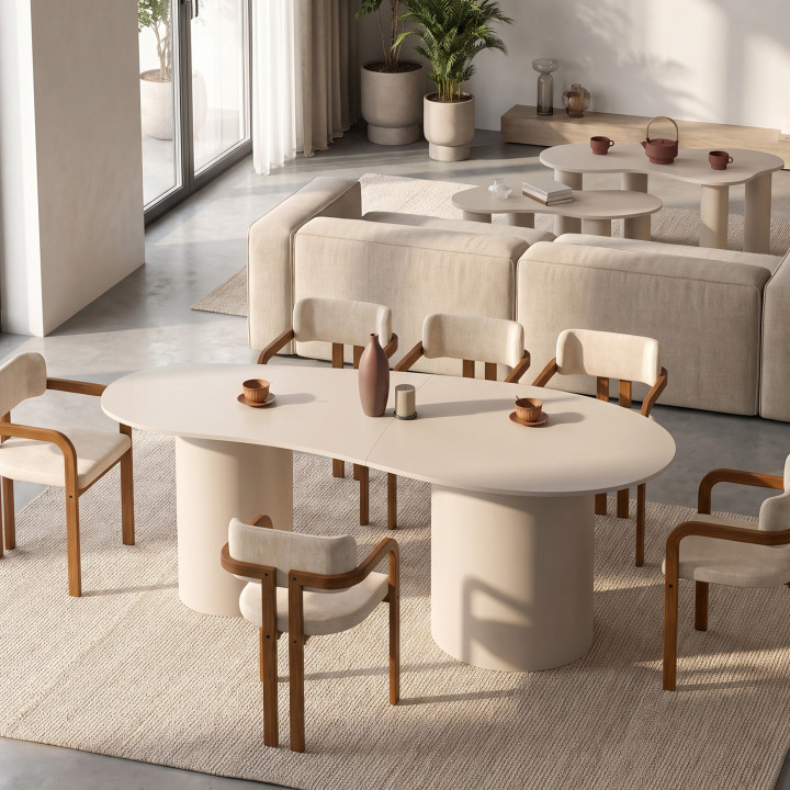 Mesa de comedor ovalada de líneas orgánicas ORPHEA para 8 personas, con 2 patas cilíndricas de color beige, 200 cm