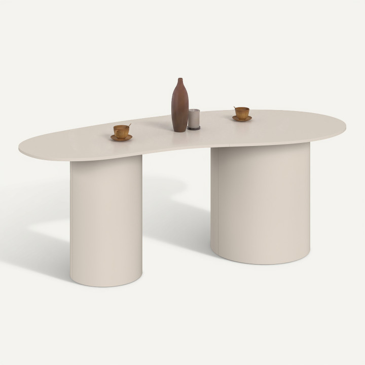 Mesa de comedor ovalada de líneas orgánicas ORPHEA para 8 personas, con 2 patas cilíndricas de color beige, 200 cm