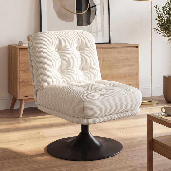 Poltrona girevole ALFRED in velluto a coste beige con base a tulipano in metallo nero