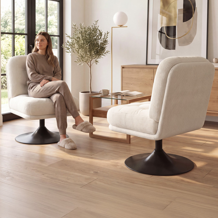 ALFRED-draaifauteuil van beige ribfluweel met zwarte metalen tulpenpoot