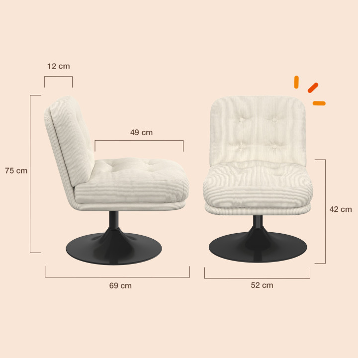 Drehsessel ALFRED aus beigem Cord mit schwarzem Metallfuß in Tulpenform
