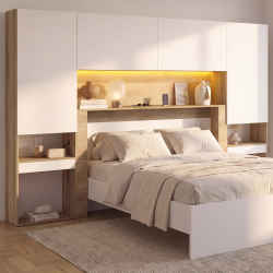 Pont de lit BRIDGET XXL 265 cm avec rangements, penderie, multiprises et LED bois et blanc