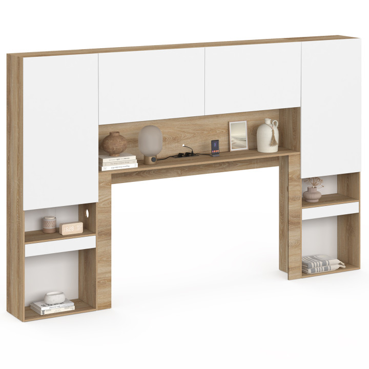 Pont de lit BRIDGET XXL 265 cm avec rangements, penderie, multiprises et LED bois et blanc