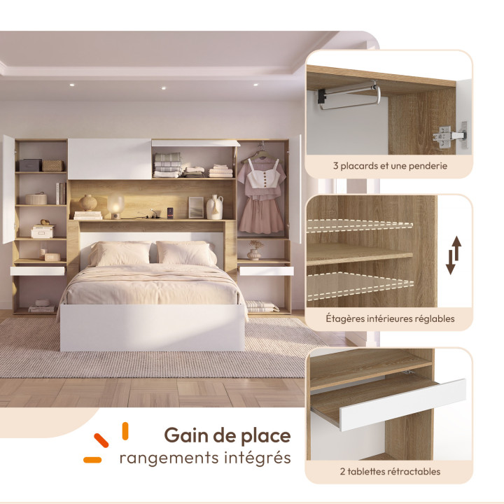 Pont de lit BRIDGET XXL 265 cm avec rangements, penderie, multiprises et LED bois et blanc