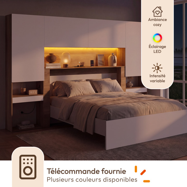Pont de lit BRIDGET XXL 265 cm avec rangements, penderie, multiprises et LED bois et blanc