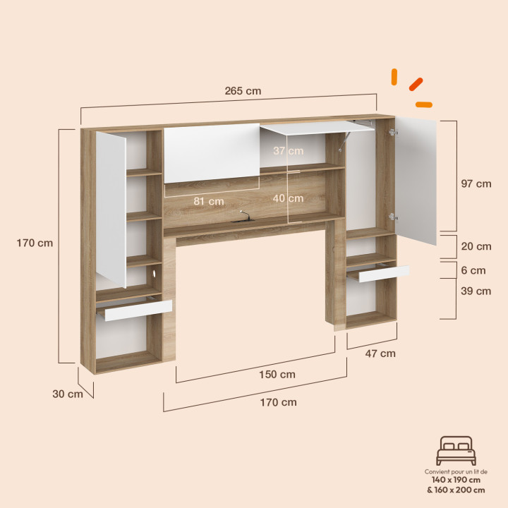 Struttura letto BRIDGET XXL 265 cm con vani portaoggetti, appendiabiti, presa multipla e luci LED in legno e bianco