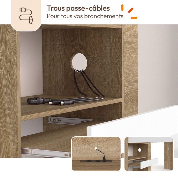 Struttura letto BRIDGET XXL 265 cm con vani portaoggetti, appendiabiti, presa multipla e luci LED in legno e bianco