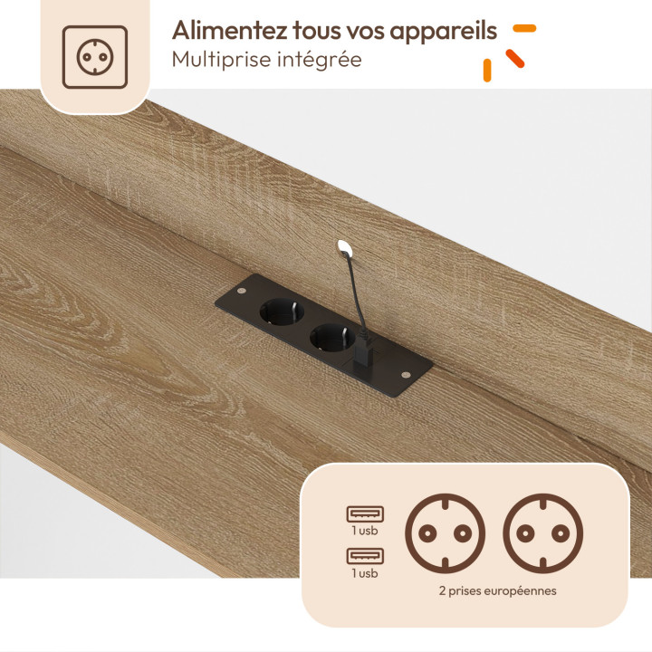 Estribo de cama BRIDGET XXL de 265 cm con espacio de almacenamiento, armario, regleta eléctrica y luces LED en madera y blanco