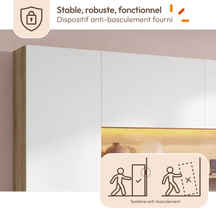 Struttura letto BRIDGET XXL 265 cm con vani portaoggetti, appendiabiti, presa multipla e luci LED in legno e bianco