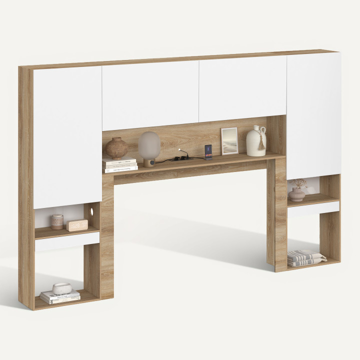 BRIDGET XXL-bedframe van 265 cm met opbergruimte, kledingkast, stekkerdoos en LED-verlichting in hout en wit