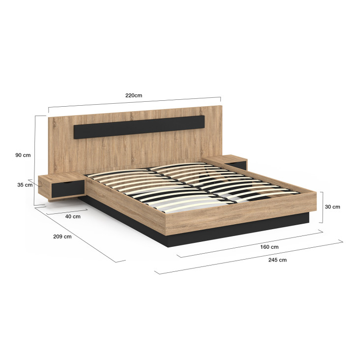 Tweepersoonsbed 160x200 met houten en zwart hoofdeinde en nachtkastjes - SANTA