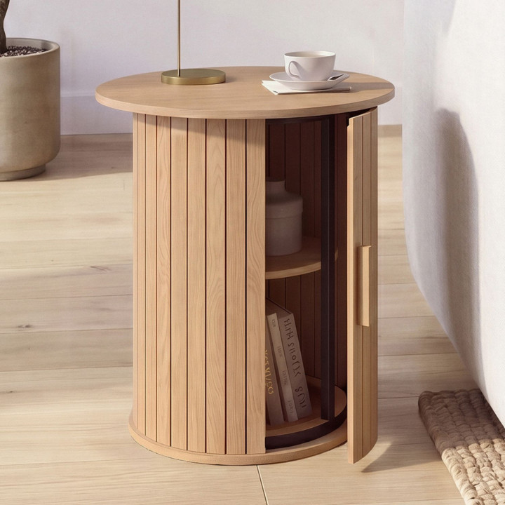 Runder Beistelltisch, Sofatisch, Nachttisch JULIETTE 45 cm mit Stauraum im Inneren, aus Holzlatten in Eichenoptik