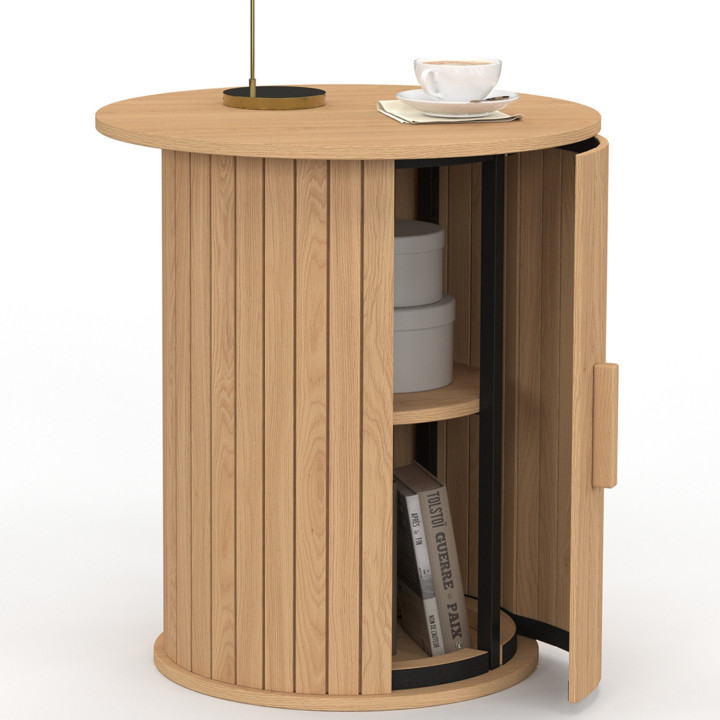 Table d'appoint ronde, bout de canapé, table de chevet JULIETTE 45 cm avec rangement intérieur lattes tasseau bois coloris chêne