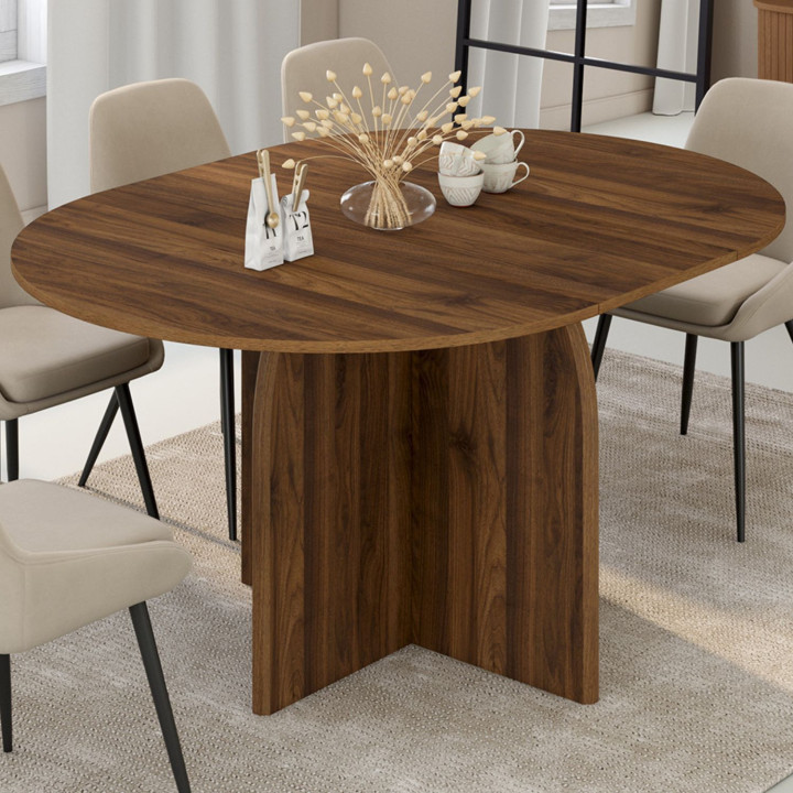 Table à manger extensible japandi ronde EDITH 4-8 personnes pied central design arrondi noyer 110-150 cm