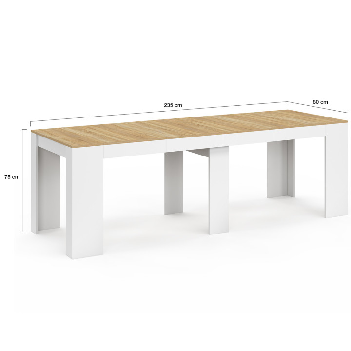 Table console extensible ORLANDO 10 personnes 235 cm bois blanc et façon hêtre