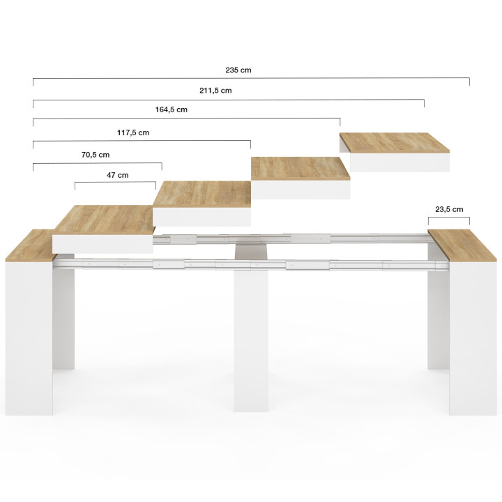 Uitschuifbare consoletafel voor 10 personen, hout in beukenhoutlook en wit - ORLANDO