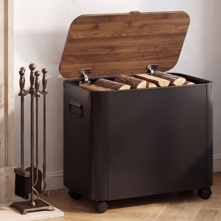 Coffre multi-usages sac à granulés/bois avec couvercle et roulette métal noir