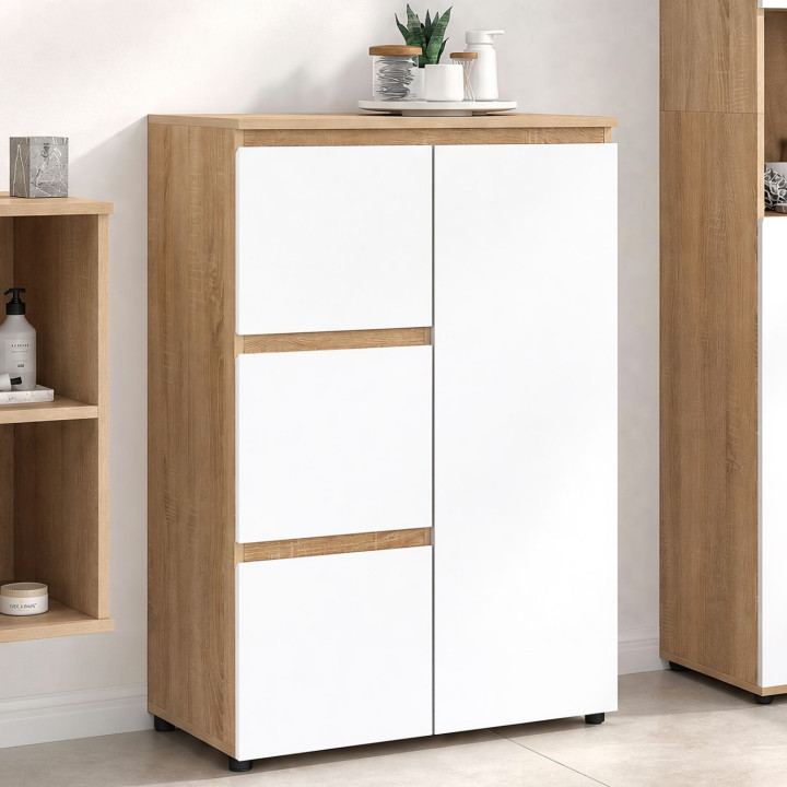 Mueble de baño TOMI con 3 cajones y armario, en acabado de haya y blanco