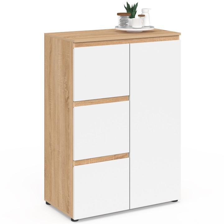 Mueble de baño TOMI con 3 cajones y armario, en acabado de haya y blanco