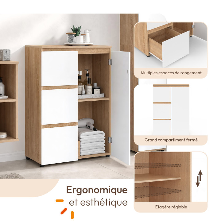 Meuble de rangement salle de bain TOMI 3 tiroirs avec placard façon hêtre et blanc