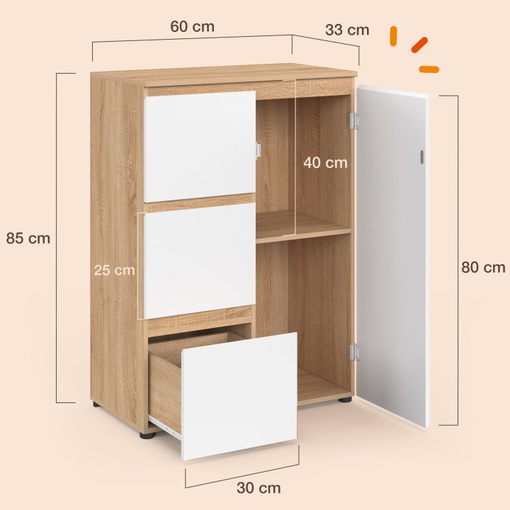 Meuble de rangement salle de bain TOMI 3 tiroirs avec placard façon hêtre et blanc