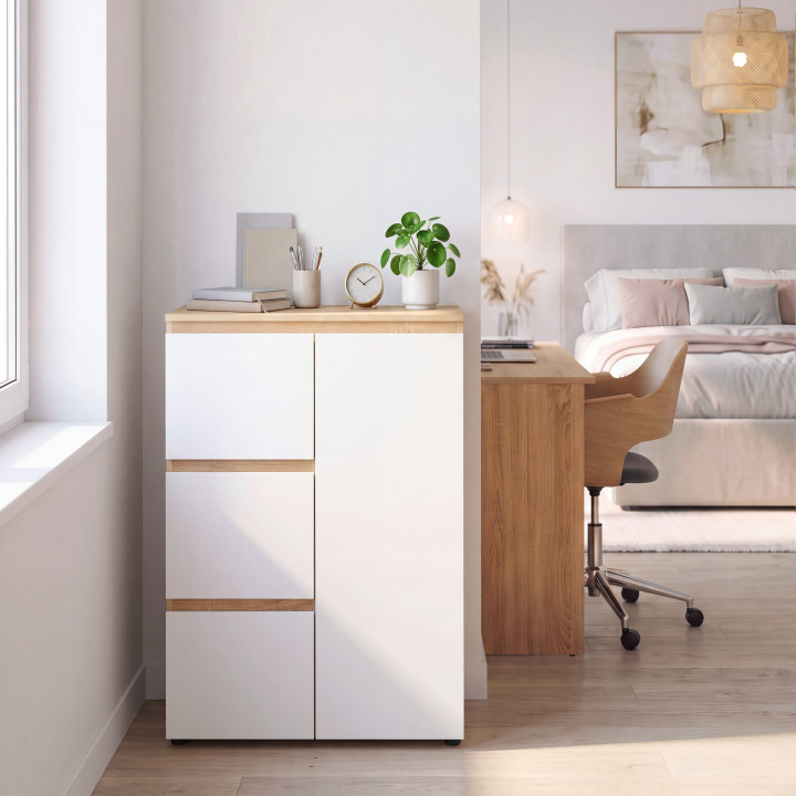 Meuble de rangement salle de bain TOMI 3 tiroirs avec placard façon hêtre et blanc