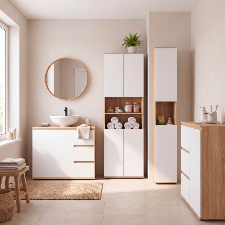 Mueble de baño TOMI con 3 cajones y armario, en acabado de haya y blanco