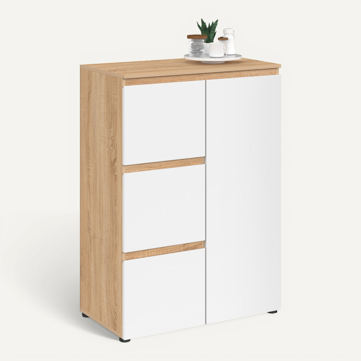 Meuble de rangement salle de bain TOMI 3 tiroirs avec placard façon hêtre et blanc