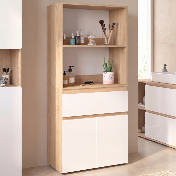 Mueble de baño TOMI de 2 puertas y 1 cajón con estantes de haya y blanco