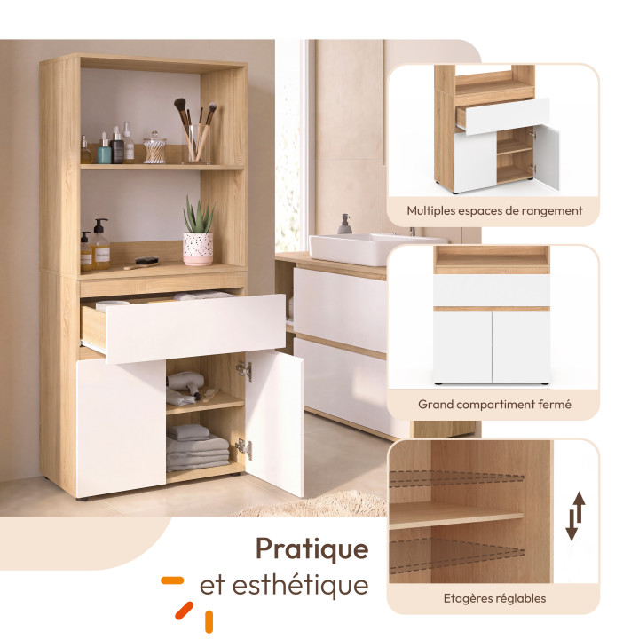 Meuble armoire salle de bain TOMI 2 portes et 1 tiroir avec étagères façon hêtre et blanc