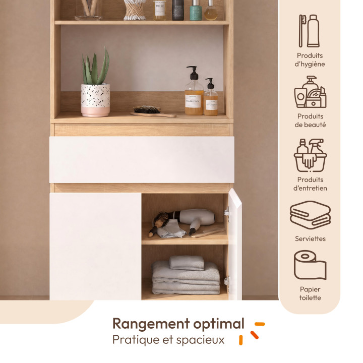 Meuble armoire salle de bain TOMI 2 portes et 1 tiroir avec étagères façon hêtre et blanc