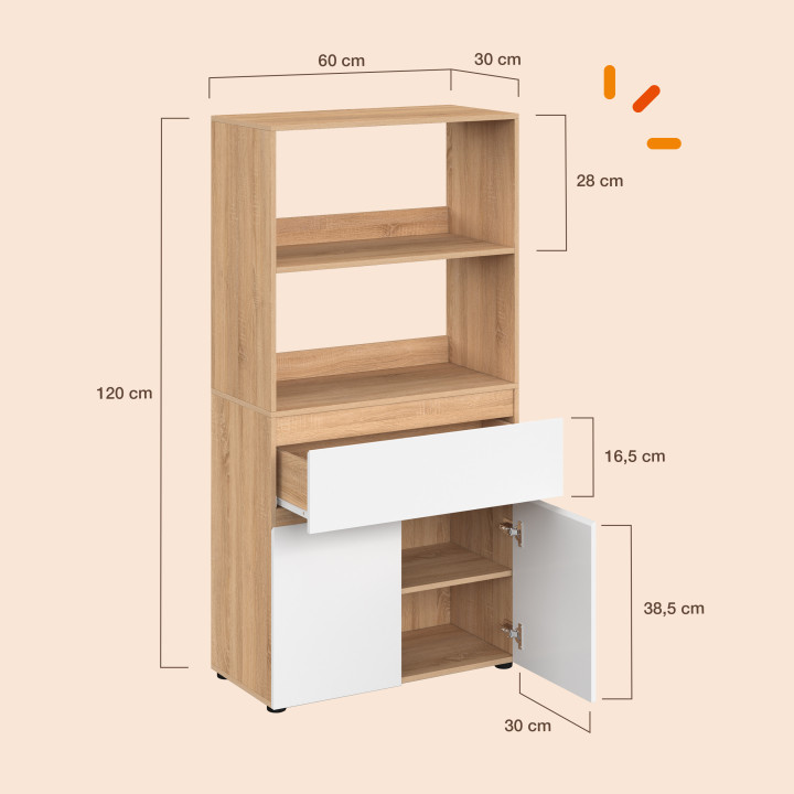 Mueble de baño TOMI de 2 puertas y 1 cajón con estantes de haya y blanco
