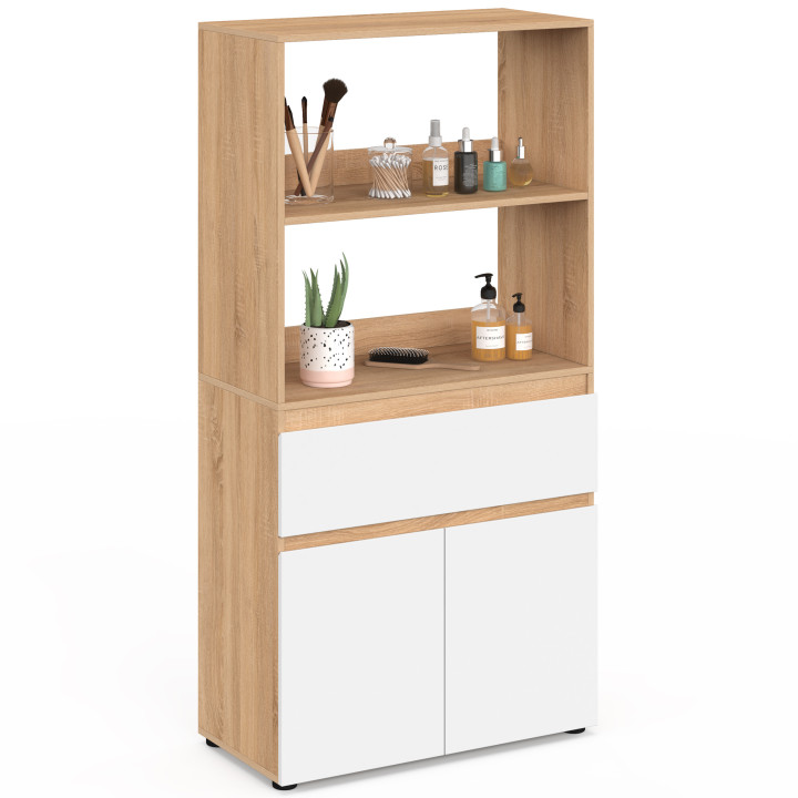 Meuble armoire salle de bain TOMI 2 portes et 1 tiroir avec étagères façon hêtre et blanc