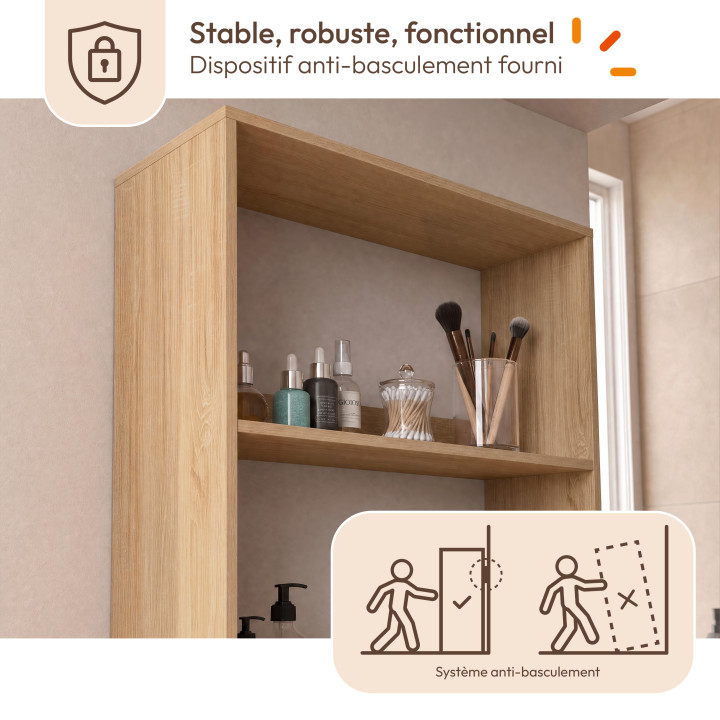 Mueble de baño TOMI de 2 puertas y 1 cajón con estantes de haya y blanco