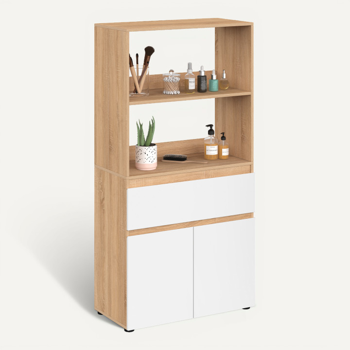 Meuble armoire salle de bain TOMI 2 portes et 1 tiroir avec étagères façon hêtre et blanc