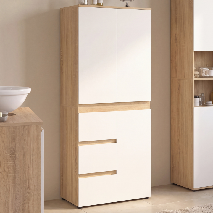 Mueble bajo de baño TOMI de 3 puertas y 3 cajones en acabado haya y blanco