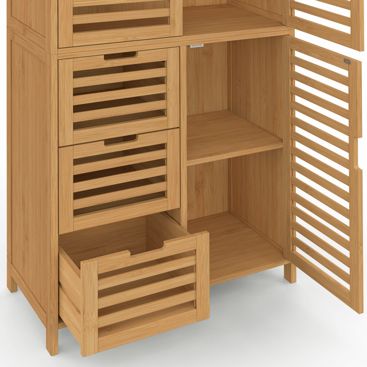 Meuble armoire colonne salle de bain bambou BEA 3 portes et 3 tiroirs